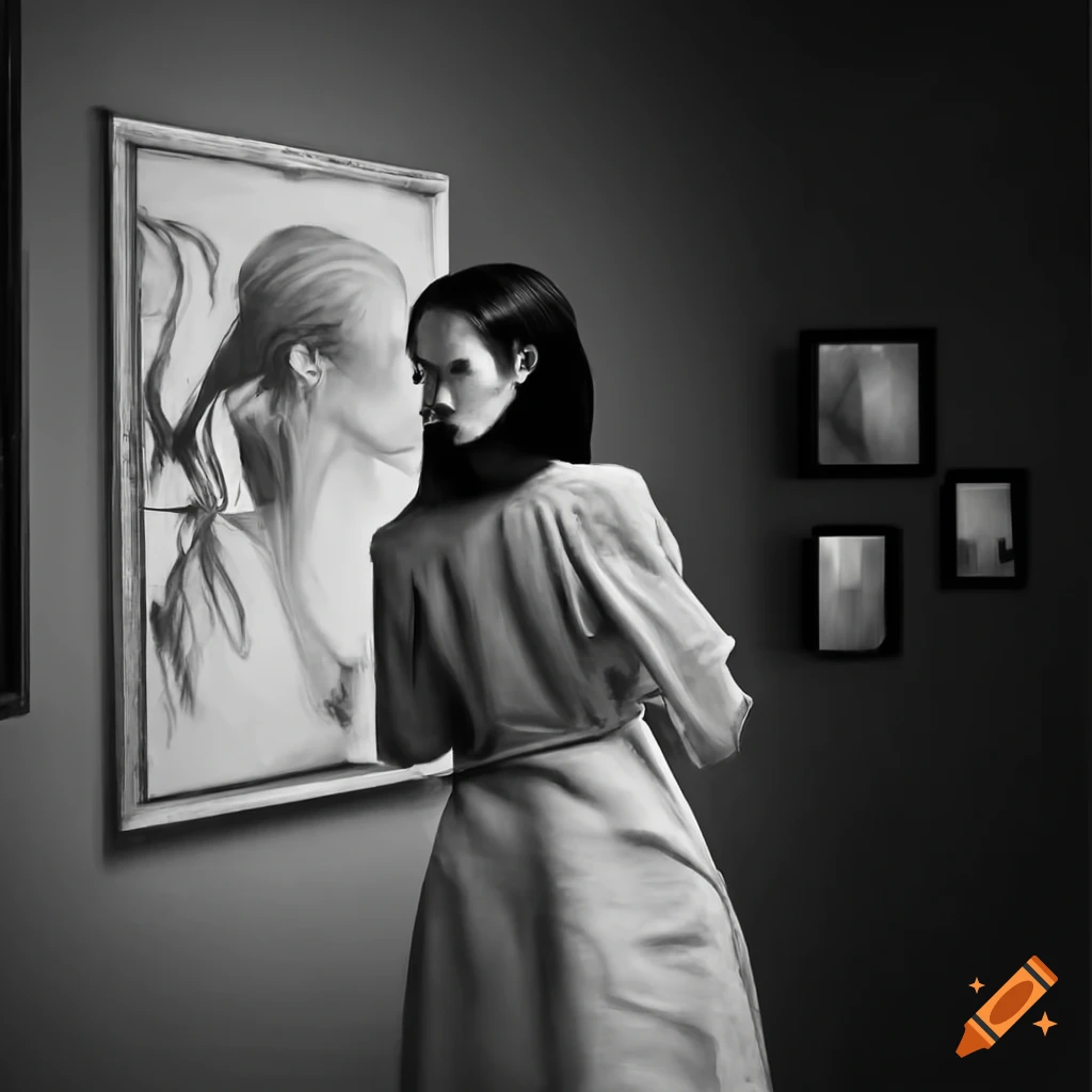 black and white drawing of a woman observing a painting