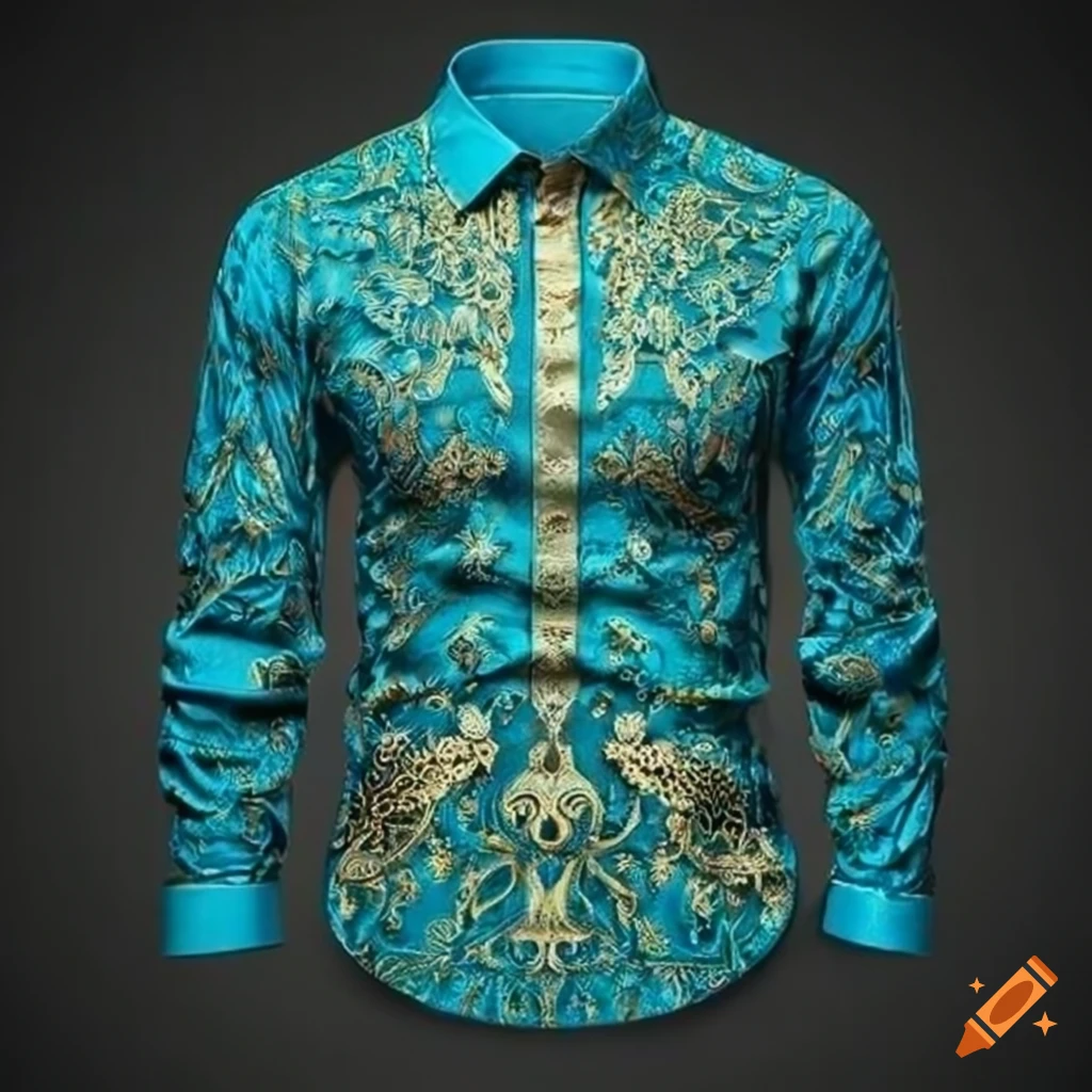 Stylish Men s Shirt With Gold Turquoise Wing Patterns On Craiyon