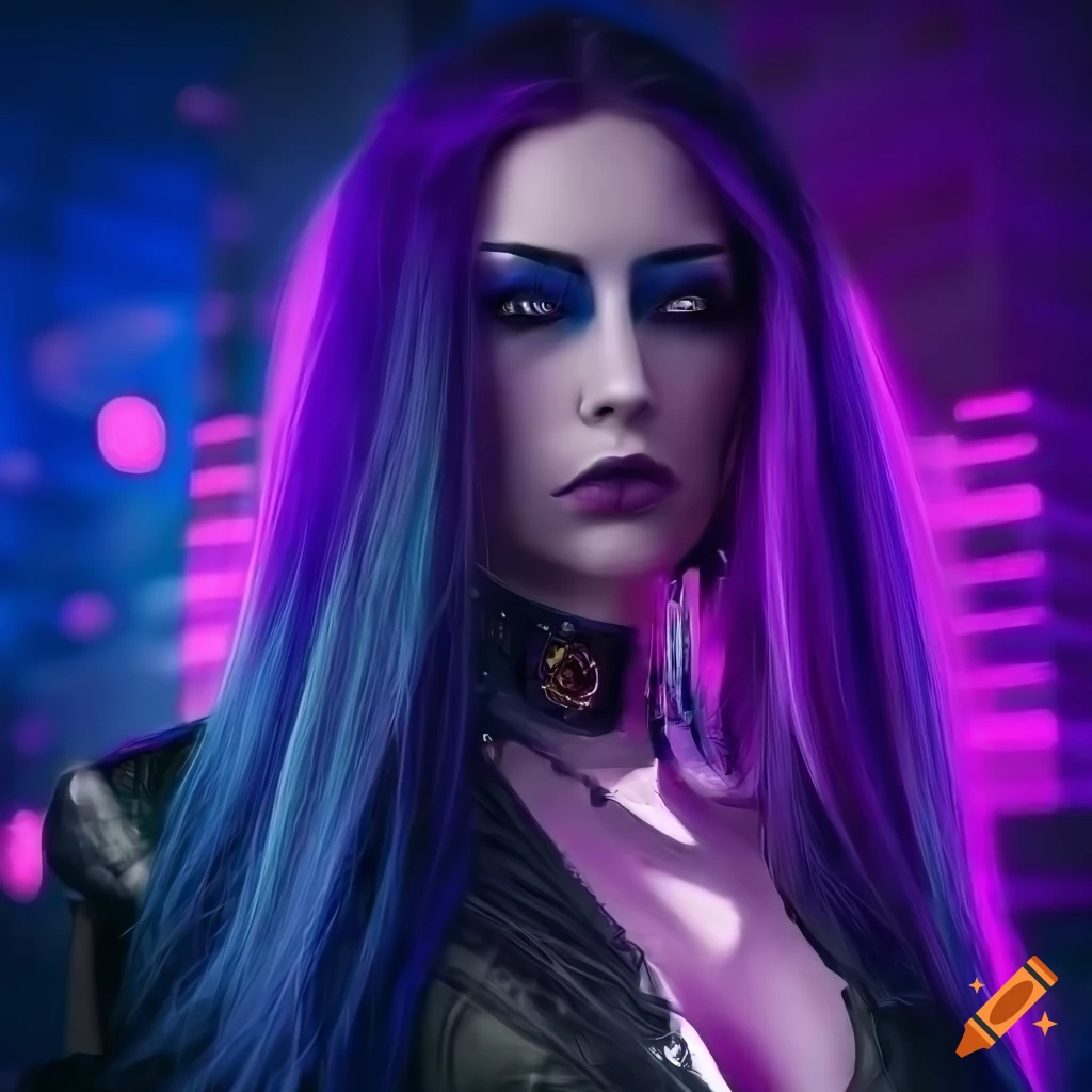 Digital art of a cyberpunk vampire with long purple hair on Craiyon