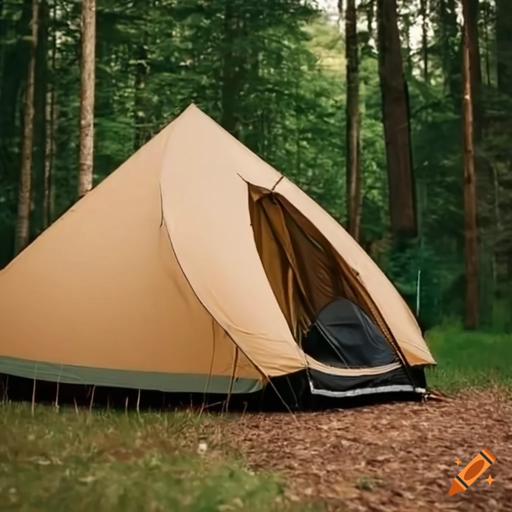 Modern khaki camping tent in the woods on Craiyon