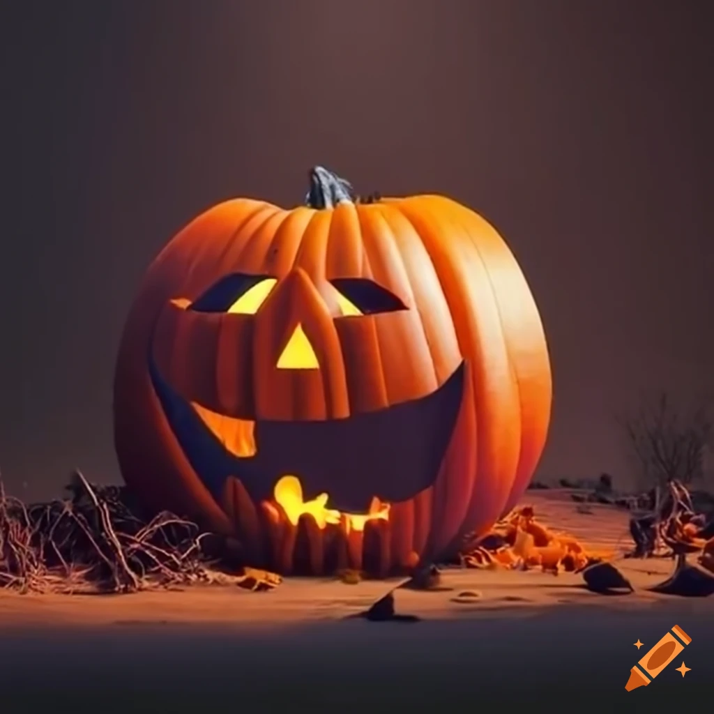 Artistic drawing of a jack-o-lantern in a pumpkin field on Craiyon