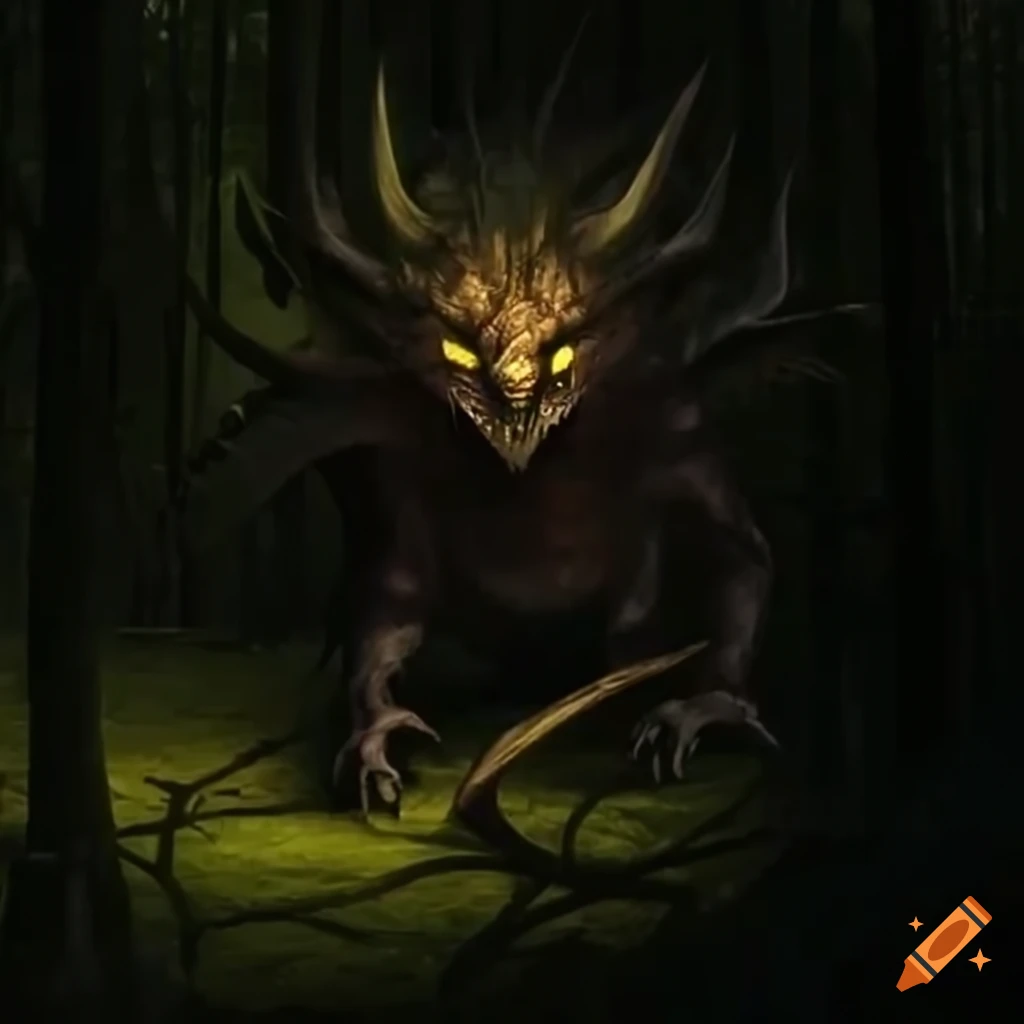 dark forest with a menacing dragon