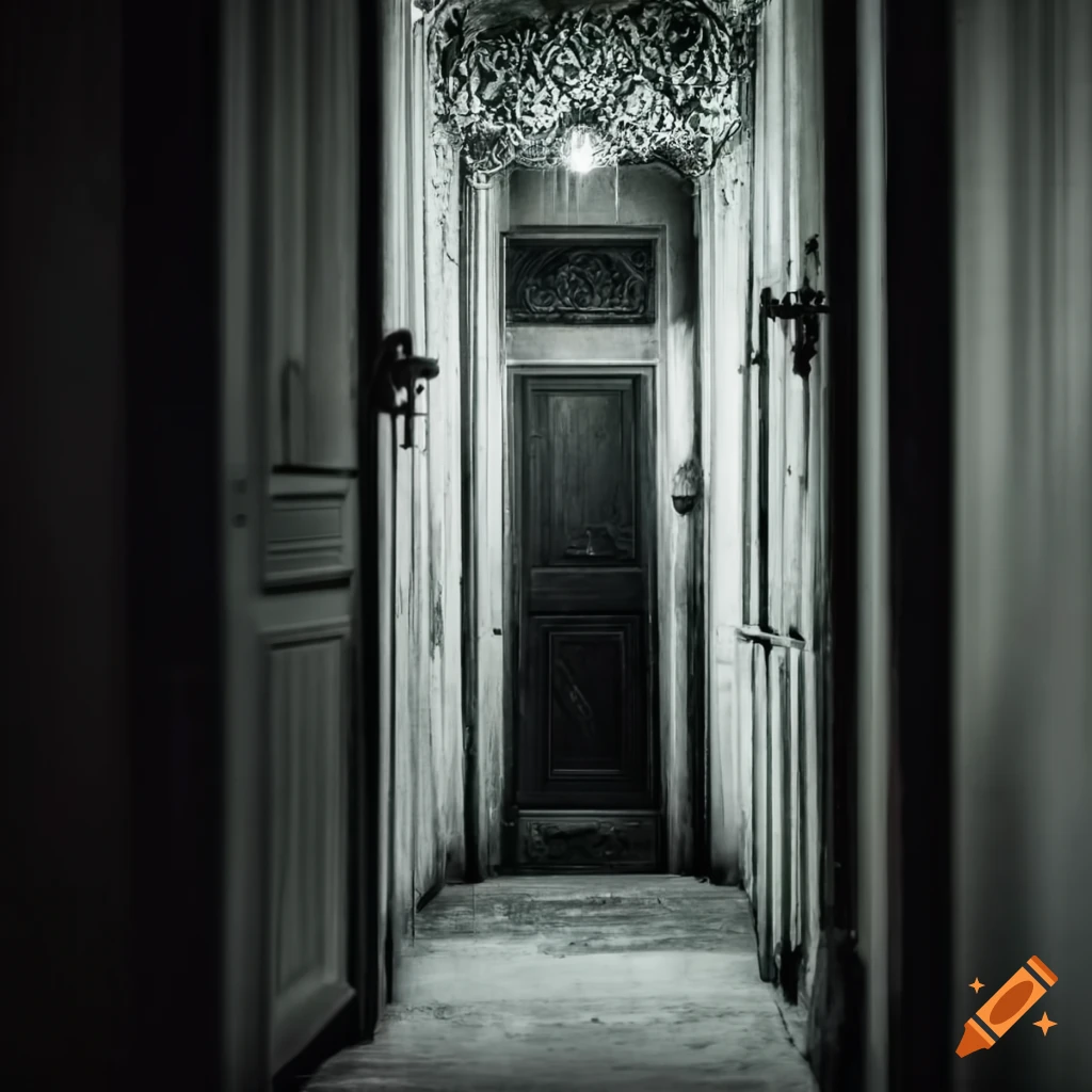 haunting hallway with a mysterious door