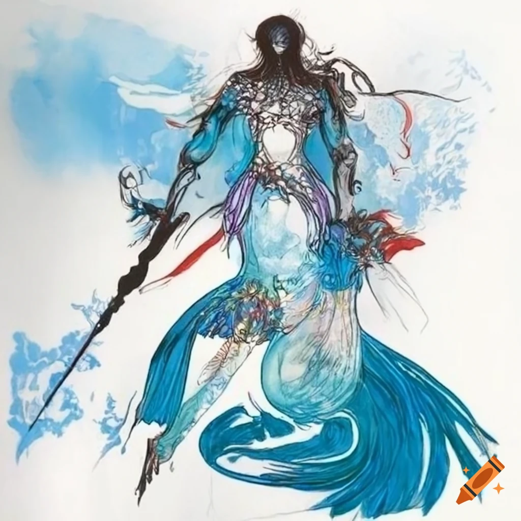 Yoshitaka amano-style artwork of a water superhero on Craiyon