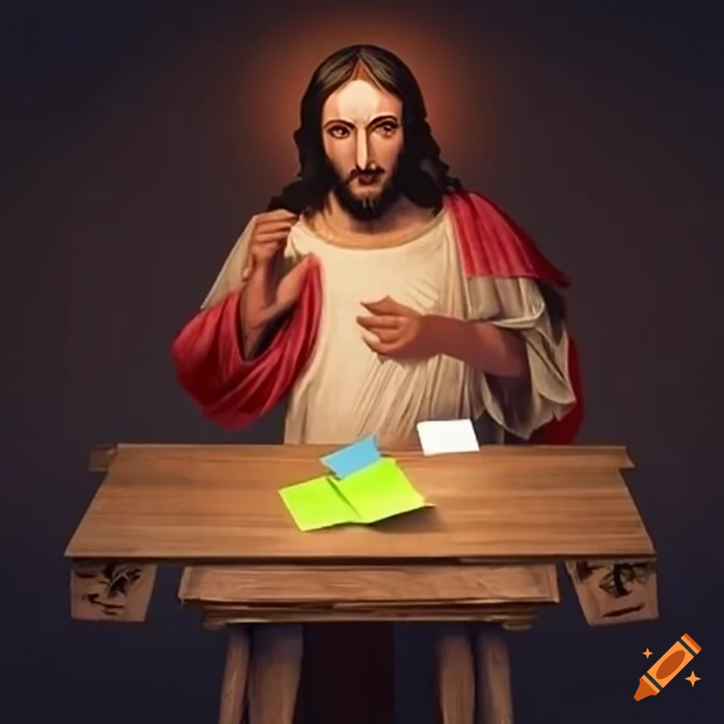 Depiction of jesus christ with a flip chart and post-it notes on Craiyon