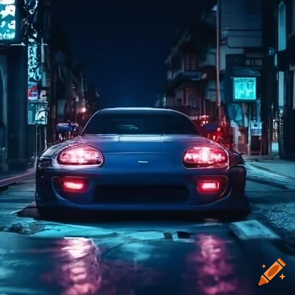 Toyota supra mk4 driving through the streets of japan at night on