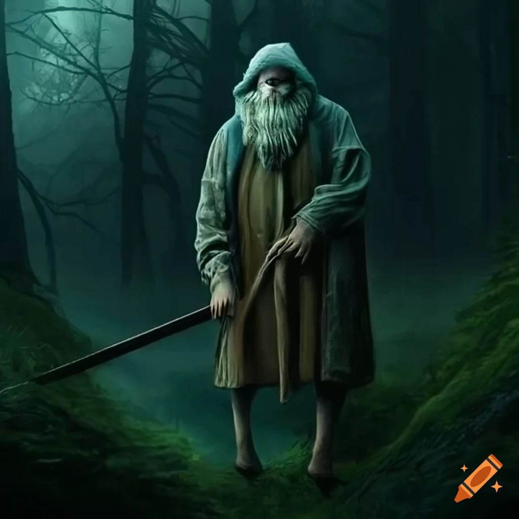 image of a sheepherder in a dark forest