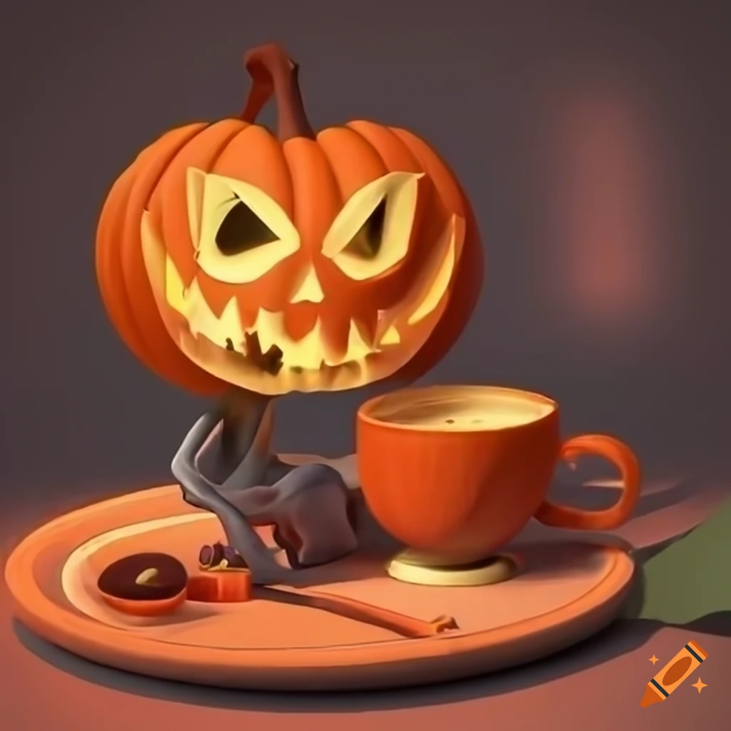 3D jack-o'-lantern Pixar character drinking tea
