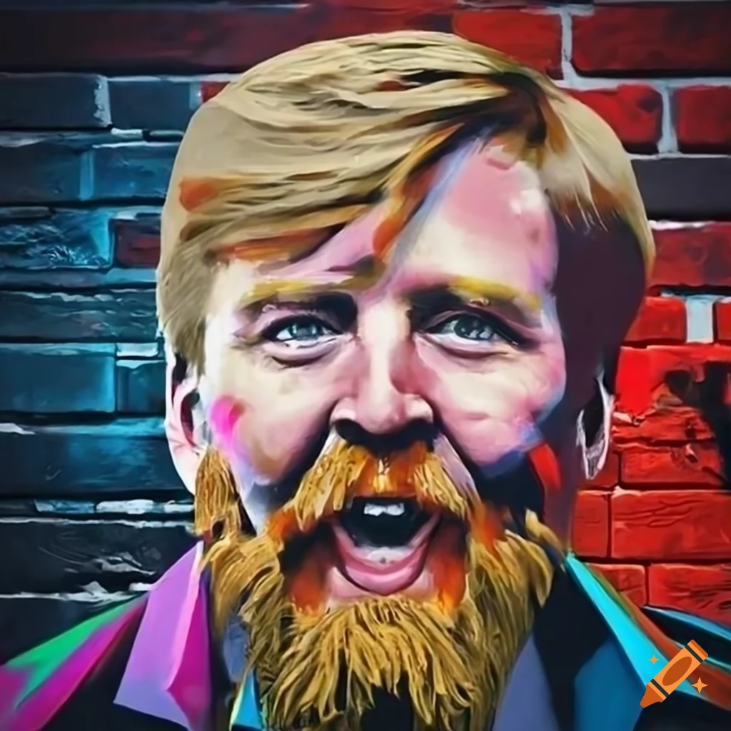 Spray painting portrait of king willem alexander on brick wall on Craiyon