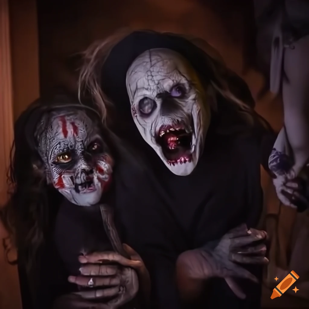 creepy kids in Halloween costumes on spooky night