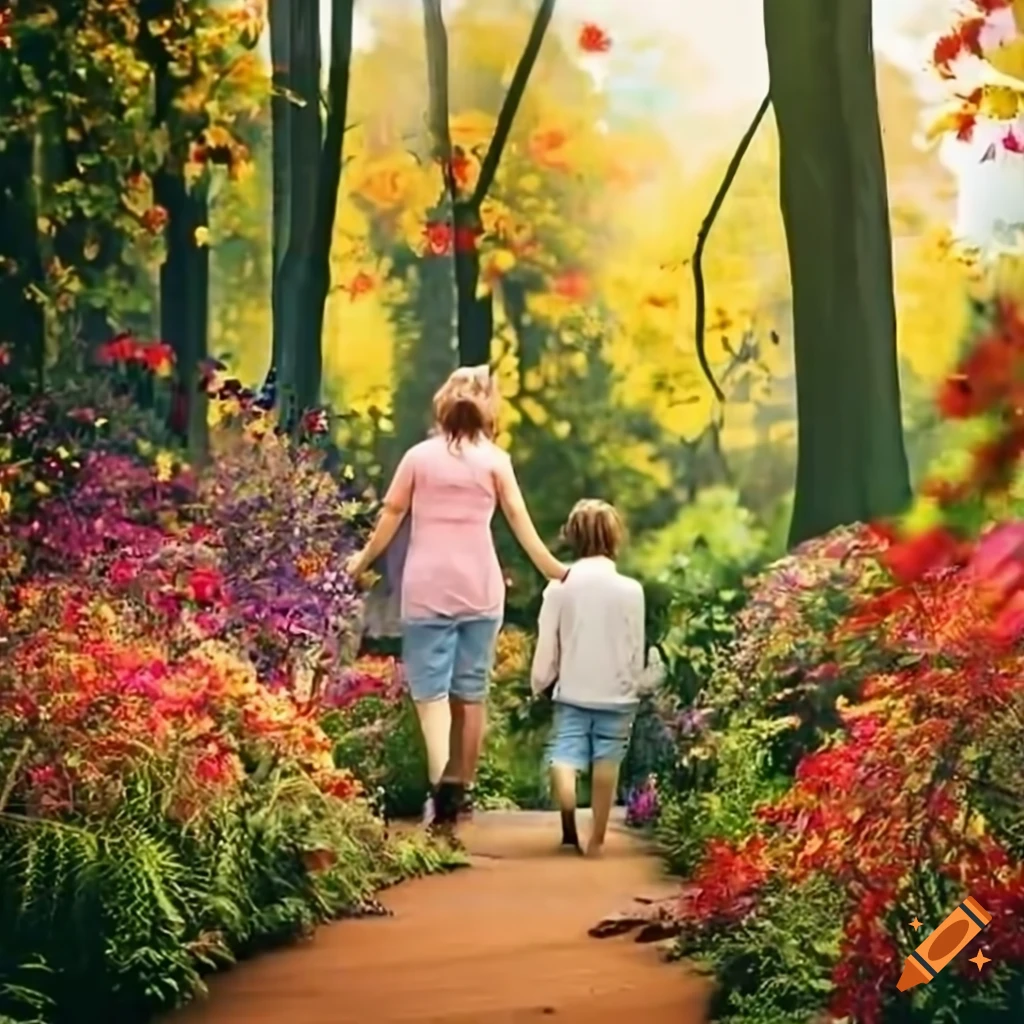 family walking by the lakeside in a vibrant garden