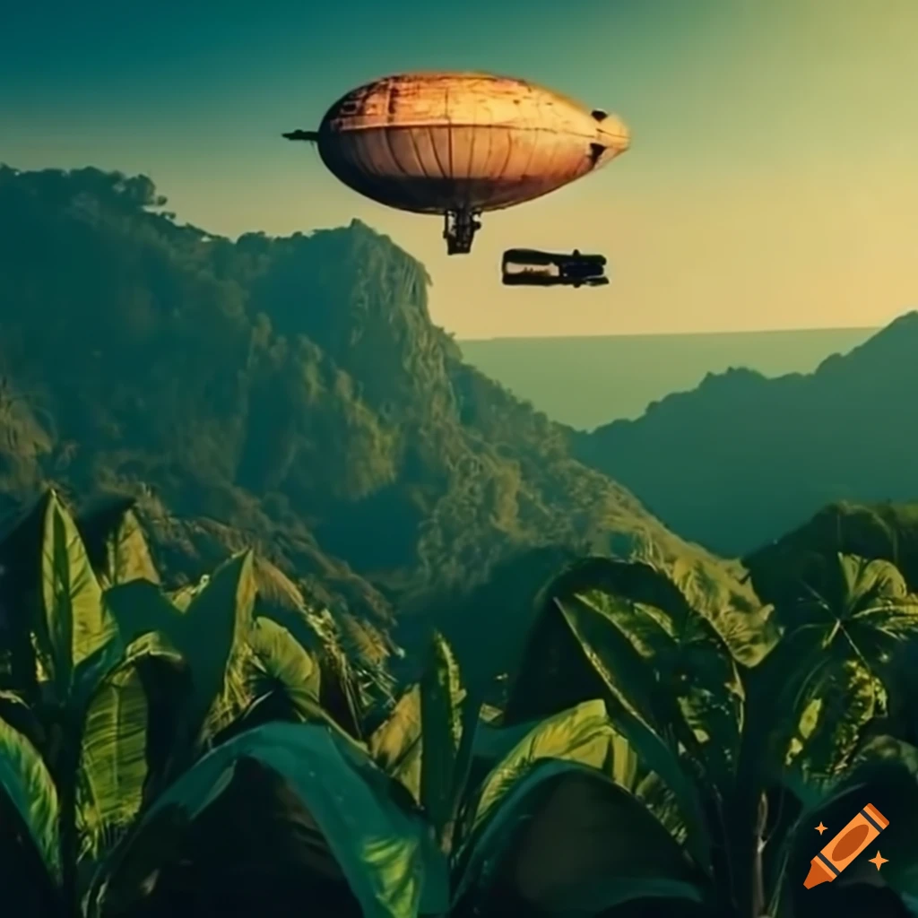 rusted airship flying over tropical tobacco plantations