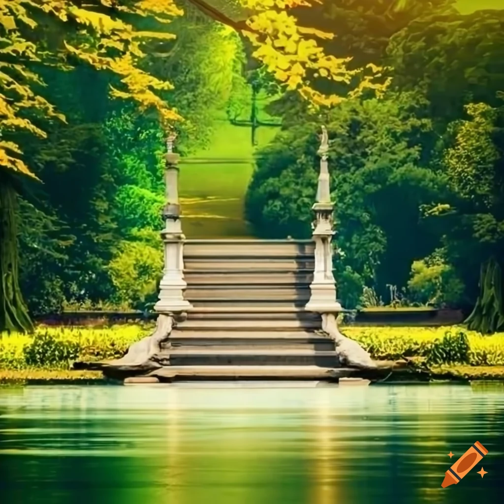 view of a garden landscape with ponds and the marble palace stairwell