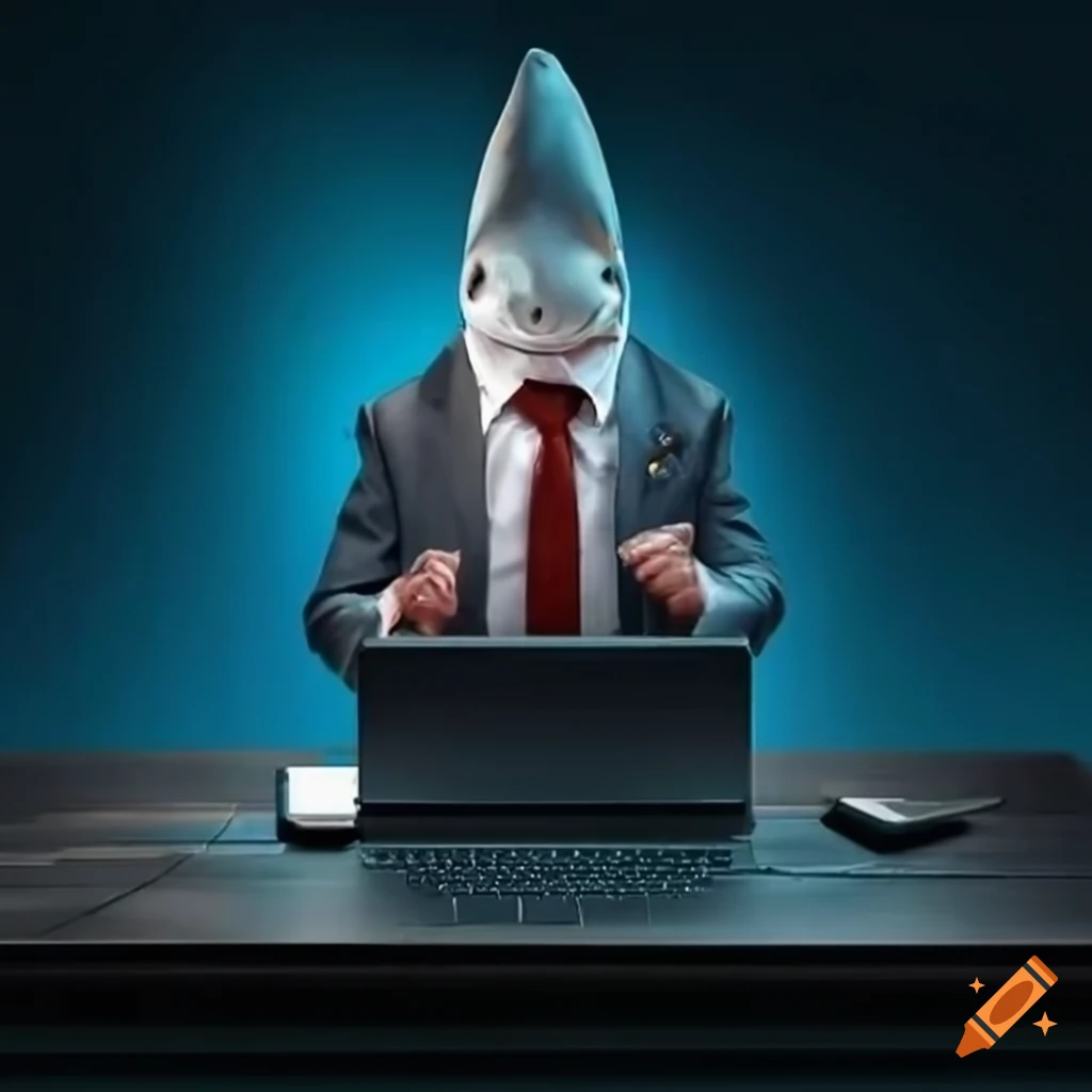 illustration of a shark in a suit on a desk