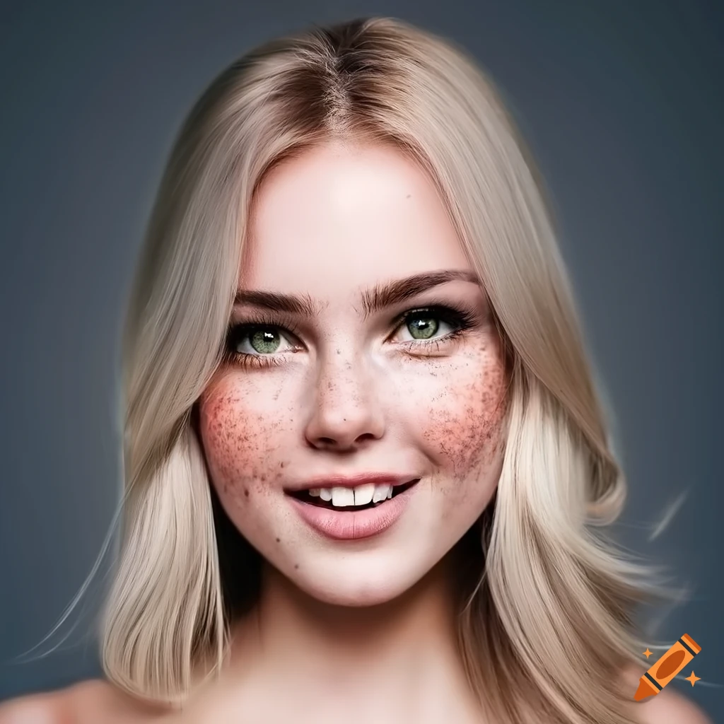 Portrait of a smiling young woman with freckles and blonde hair on Craiyon