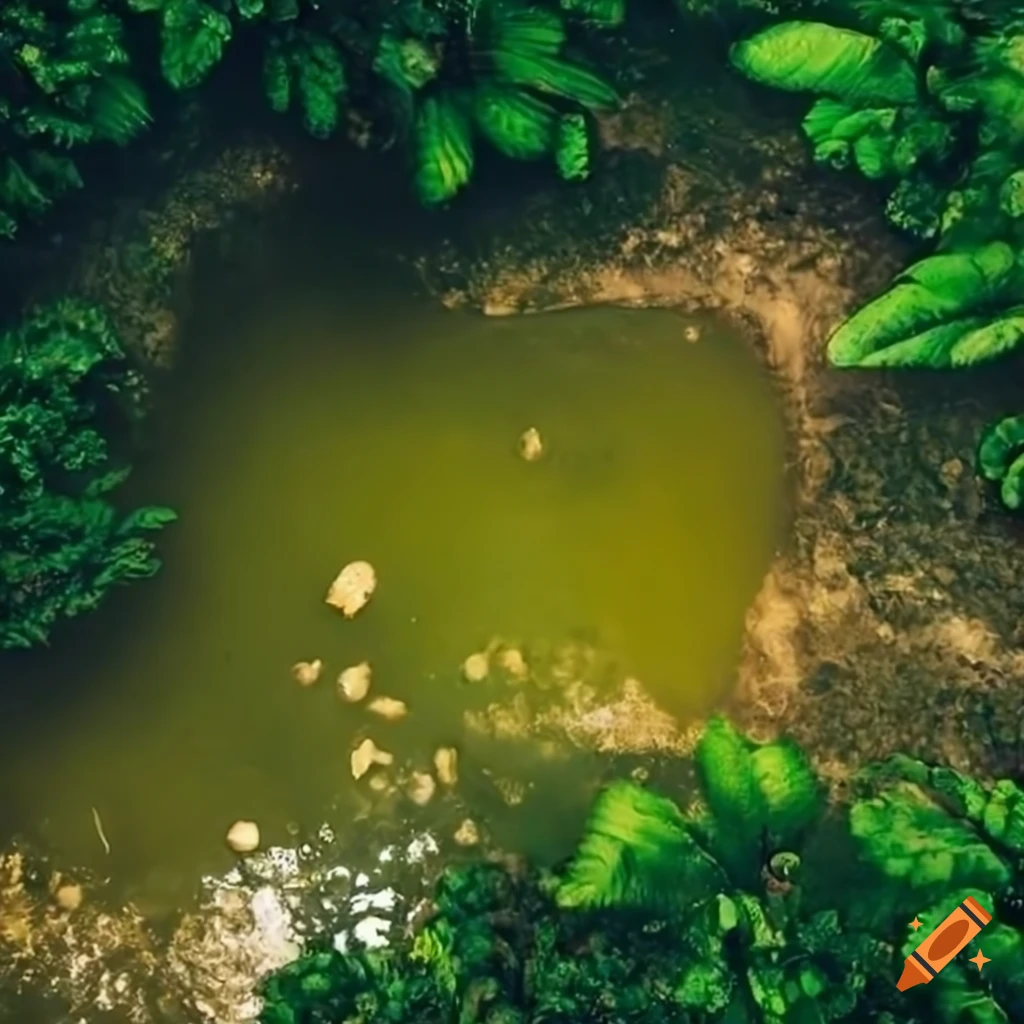 aerial view of a dirty pond in a tropical setting
