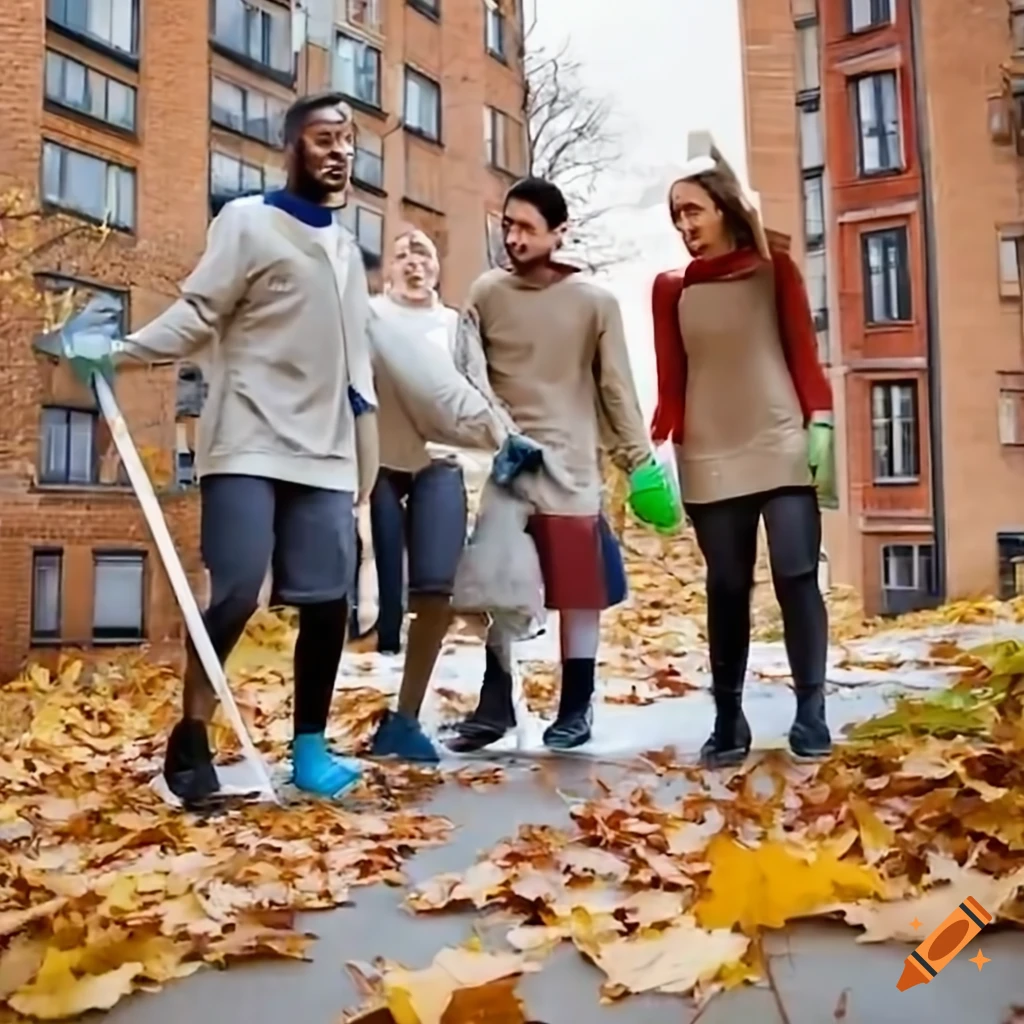 Friends cleaning up fallen leaves in the city on Craiyon