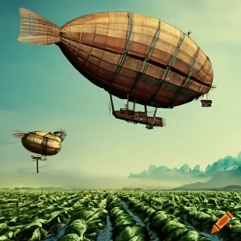 highly detailed steampunk airship over tobacco plantations