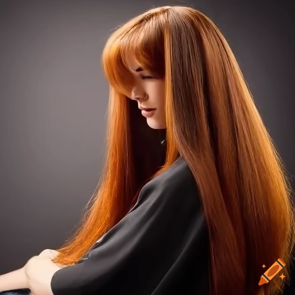 profile of a girl with long auburn hair in a barber shop