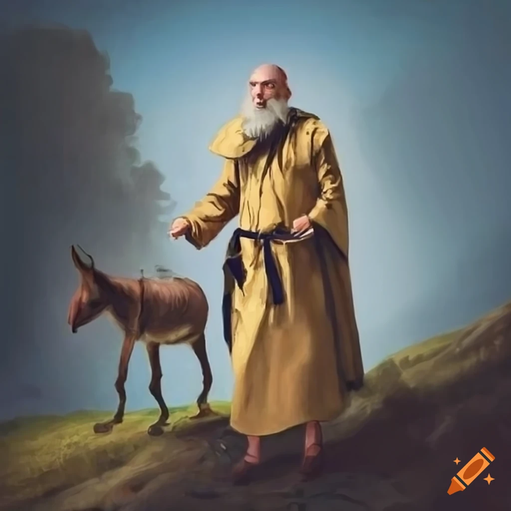 image of a monk walking with a donkey