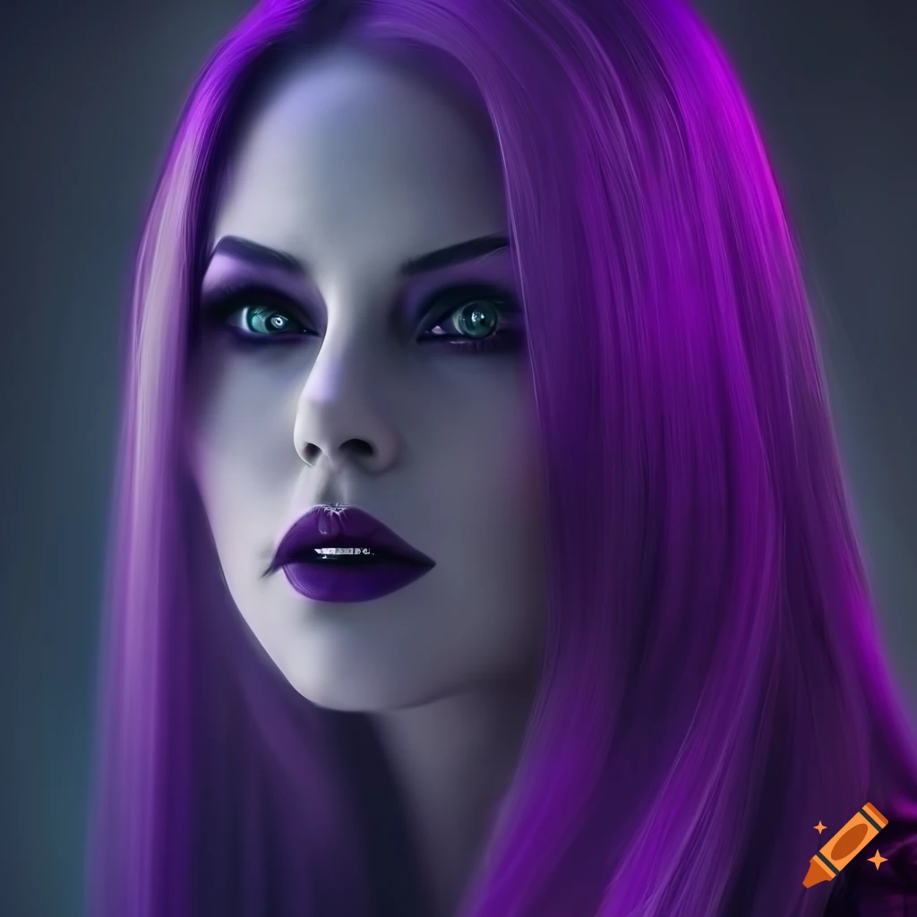 Portrait of a cyberpunk vampire woman with long purple hair on Craiyon
