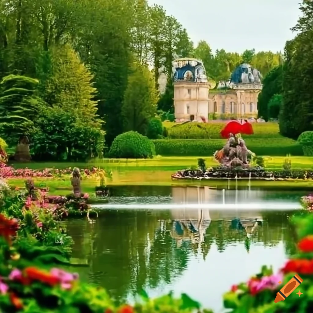 family walking by the lakeside in a beautiful garden
