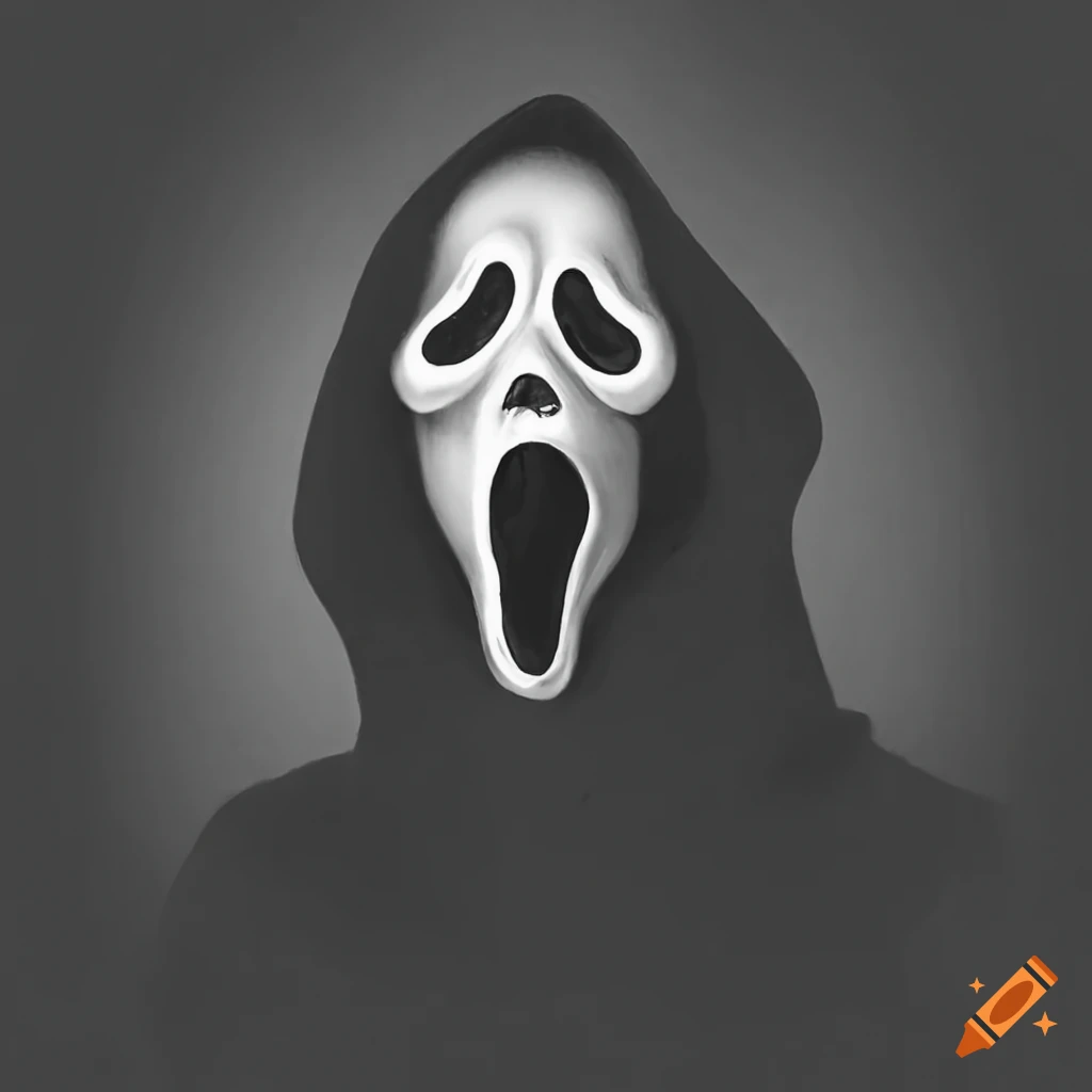 Black and white drawing of ghostface