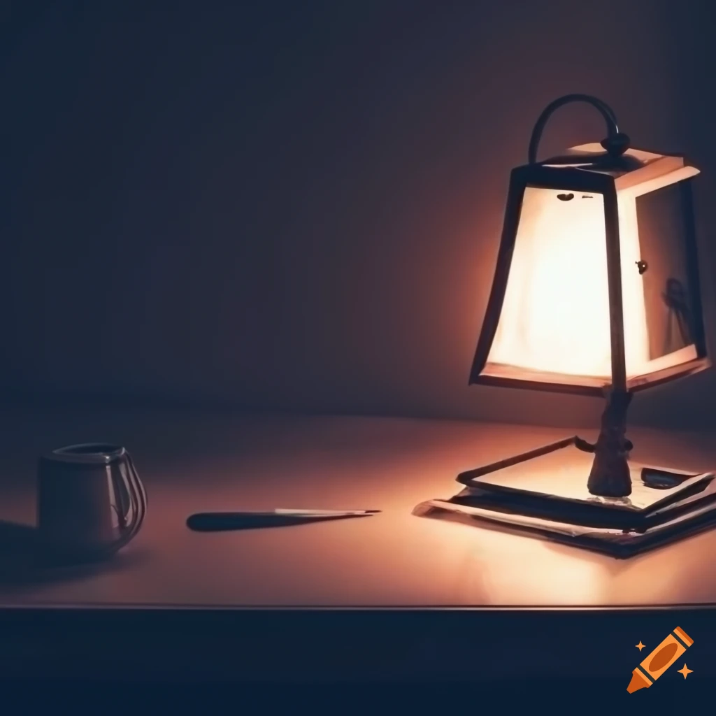 desk with lantern, pen, and paper