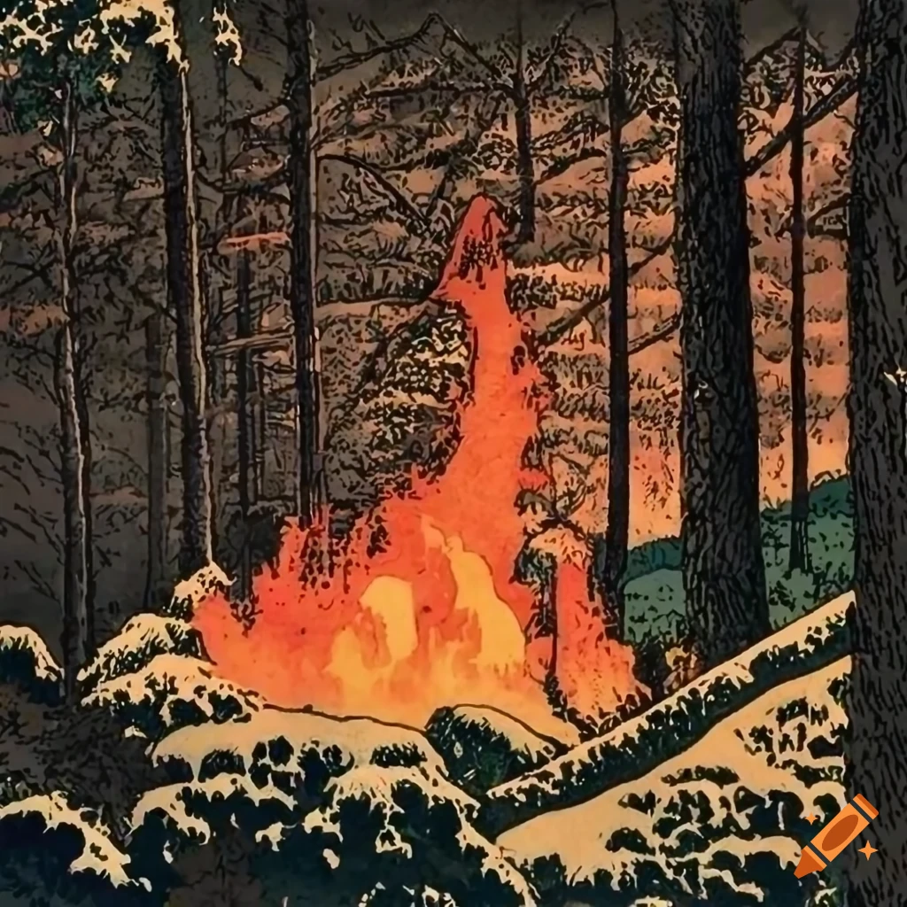 Hokusai's painting of a burning cabin in a snowy pine forest