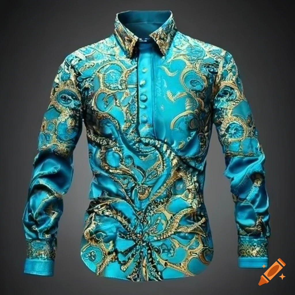 Stylish Men s Shirt With Gold Turquoise Wing Patterns