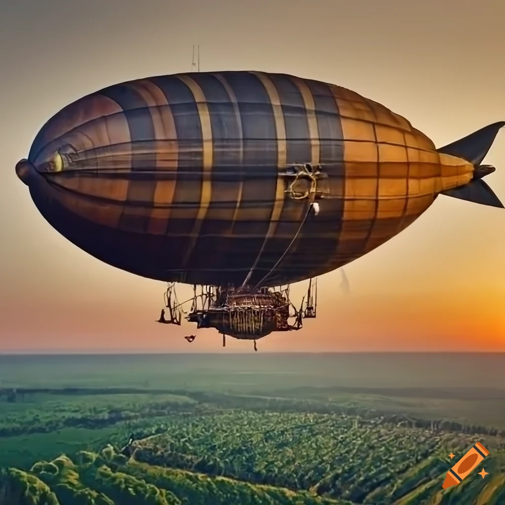 highly detailed steampunk airship over tobacco plantations