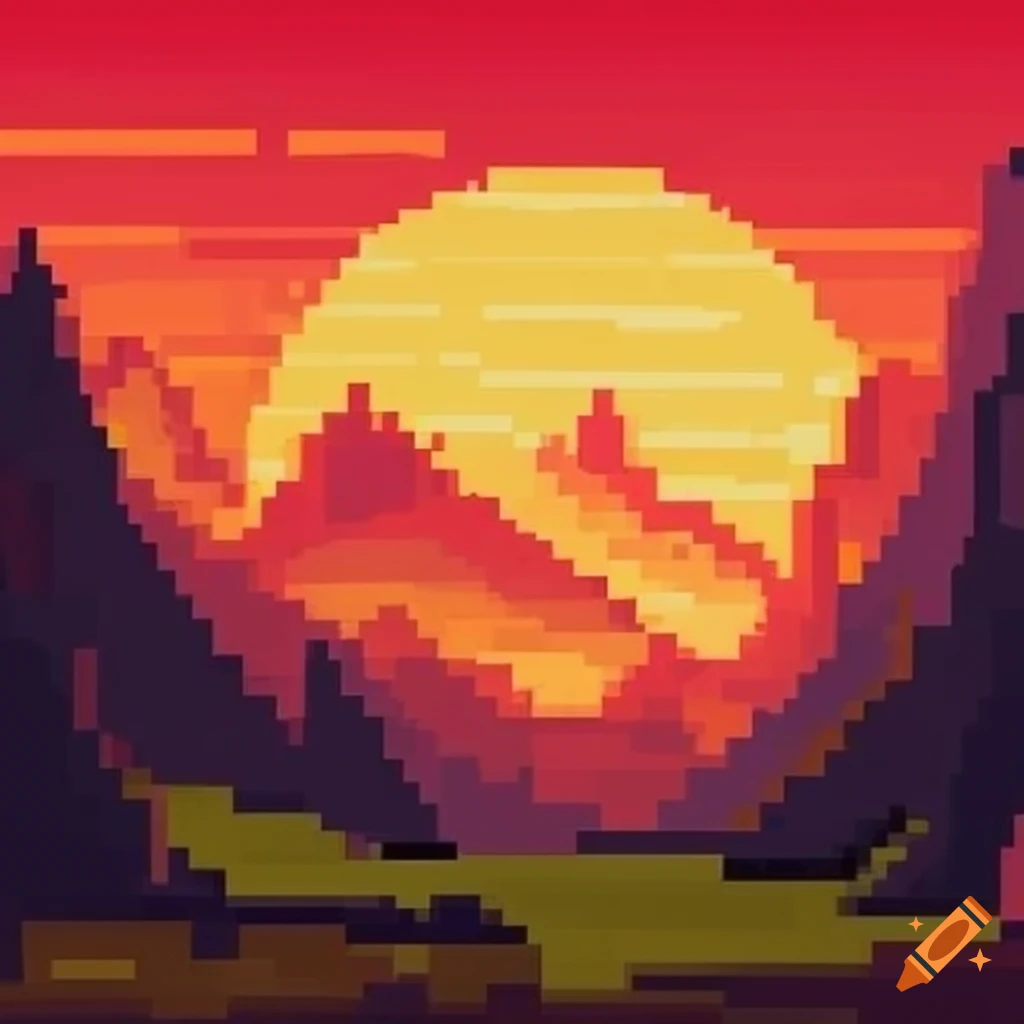 pixel art of sunset mountains