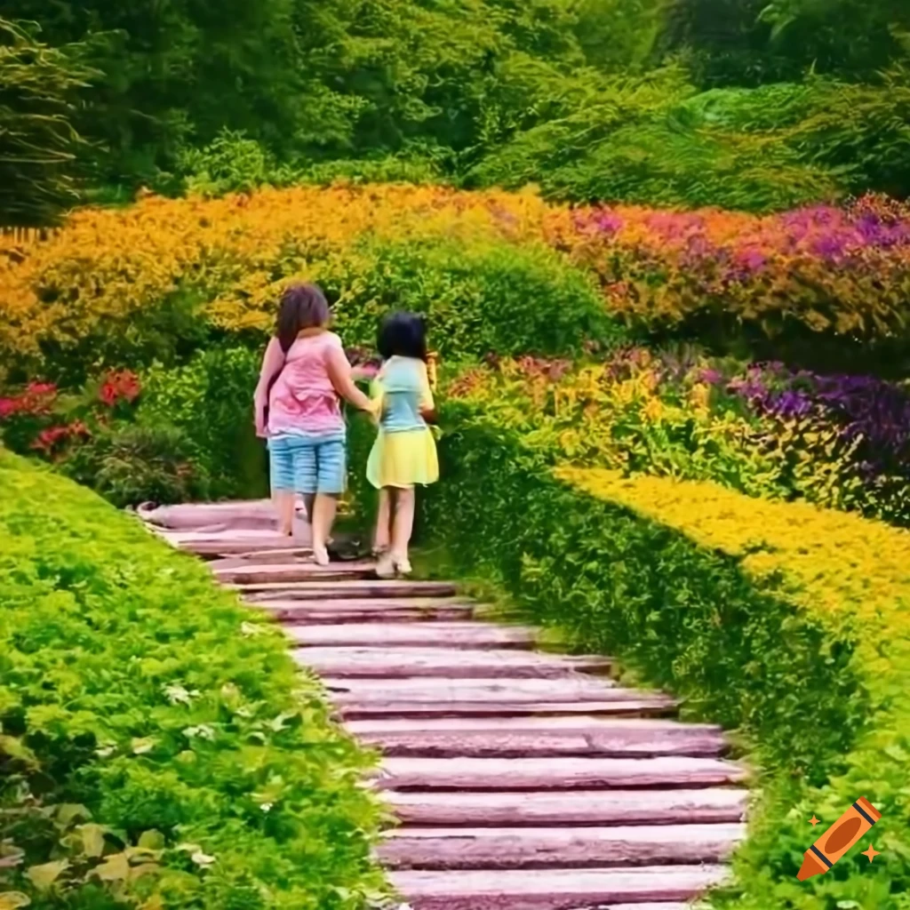 Vibrant garden with blooming flowers and curved stairs on Craiyon