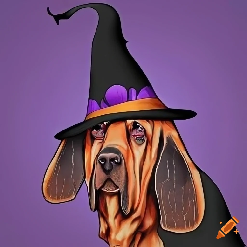 purple-and-orange-witch-hat-pattern-with-copper-bloodhound-dogs-on-craiyon