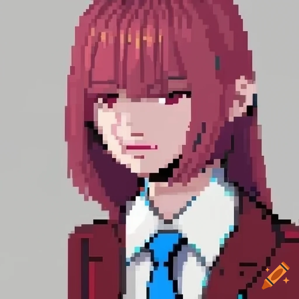 Pixel art of an anime girl with pink hair and a blazer on Craiyon