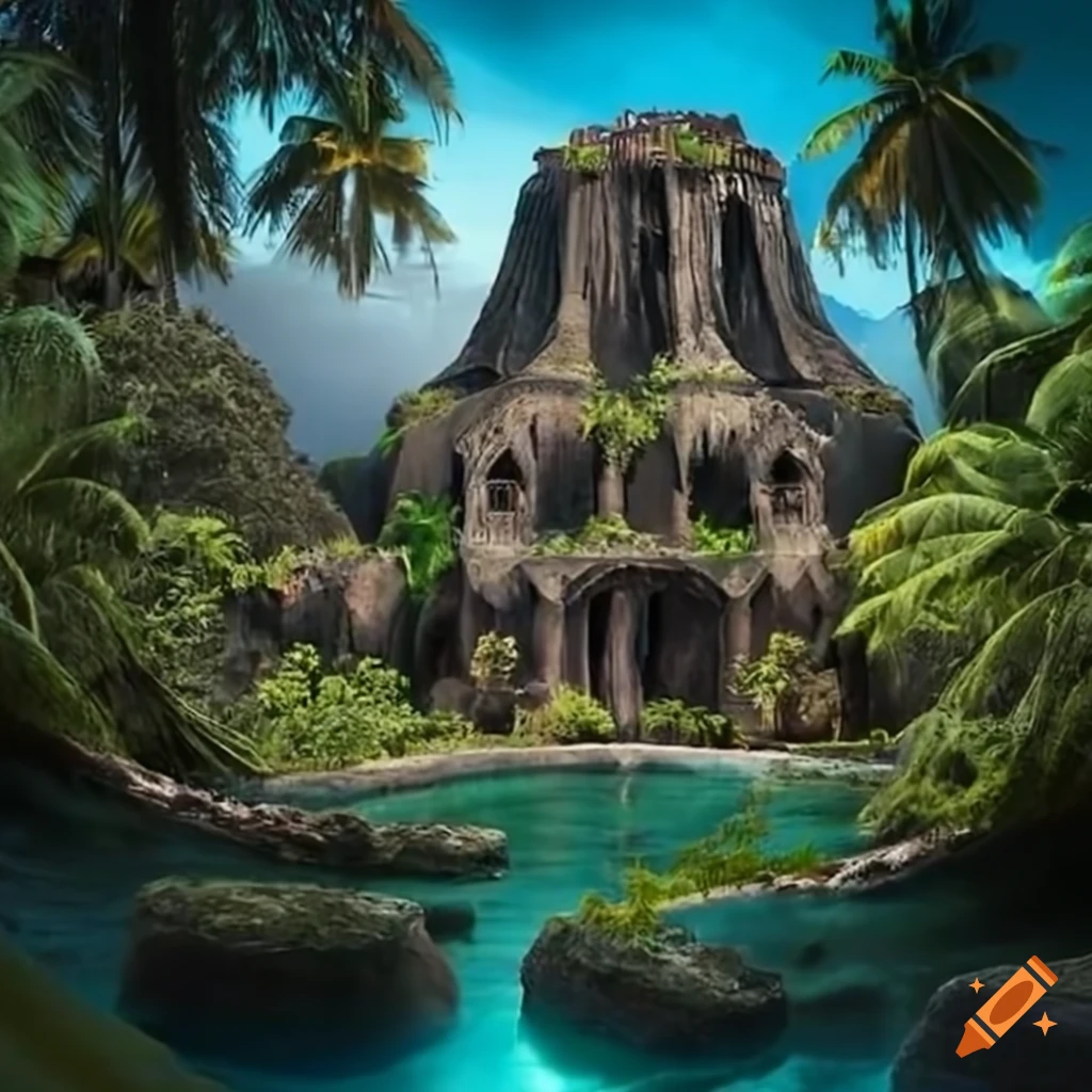 image of a volcanic palace on a tropical island