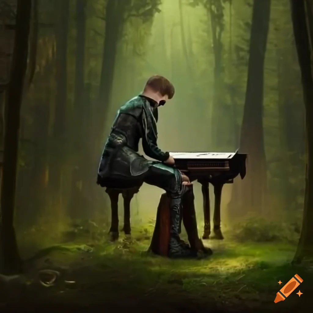 Man in suit of armor playing piano with faeries in the forest
