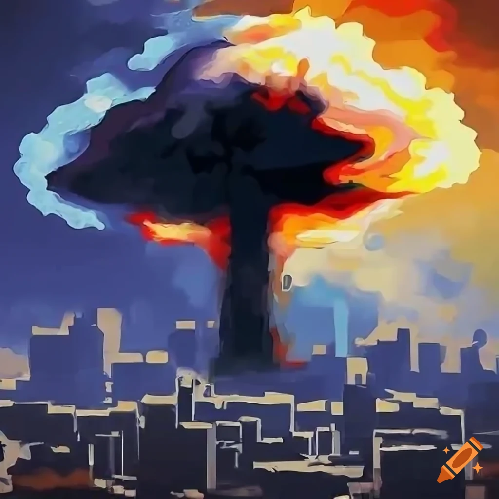 2D artwork of mushroom explosion with city silhouette
