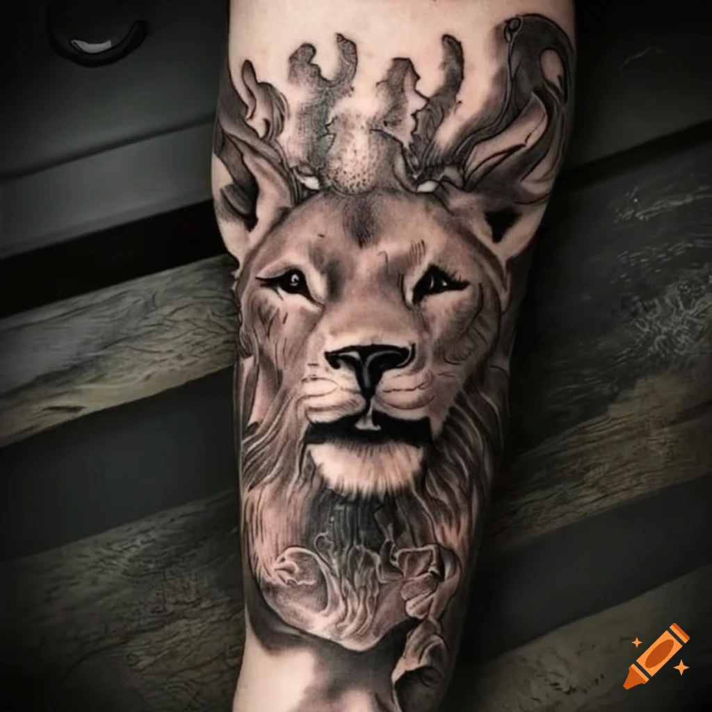 sleeve tattoo of a deer, lion, bear, and oak tree