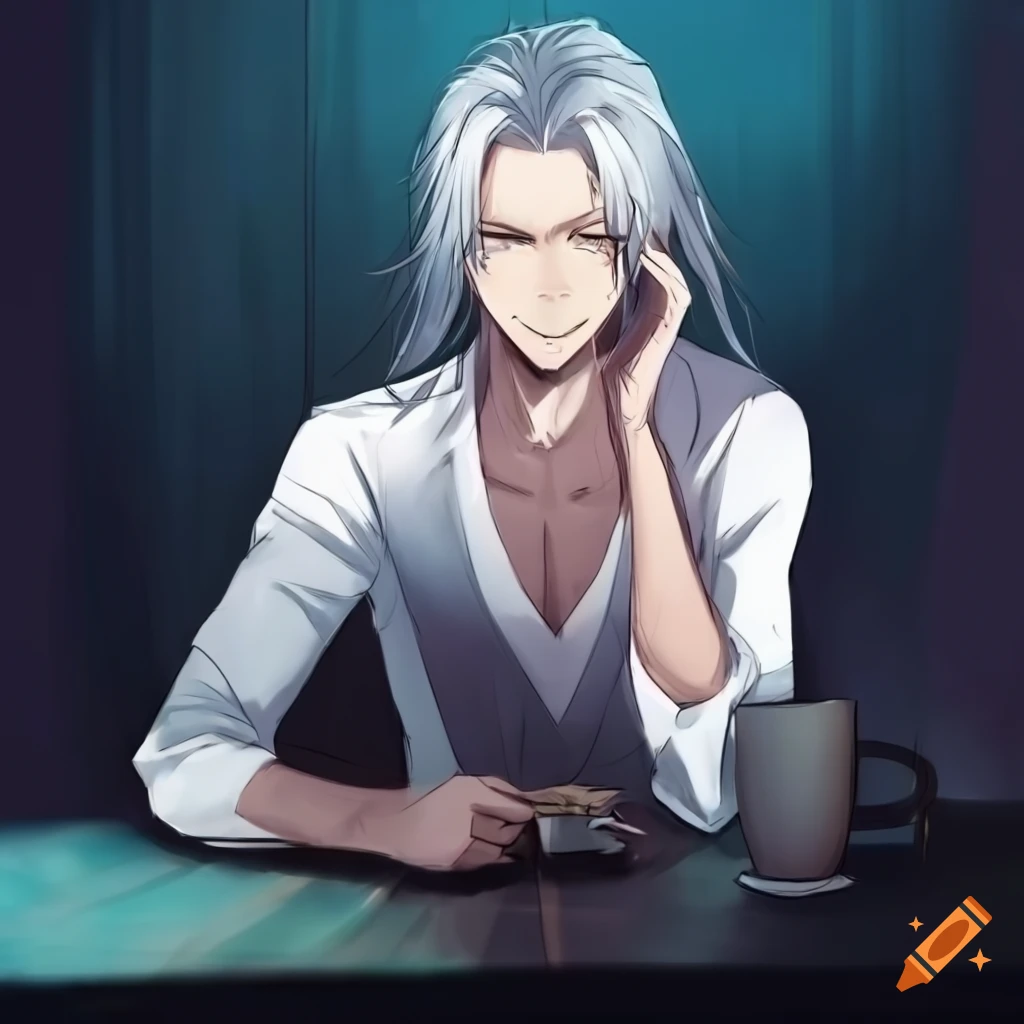 anime man sitting at a cafe in the evening