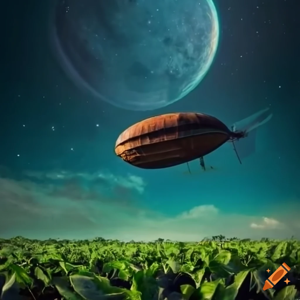 night landscape with a rusted airship flying above tobacco plantations