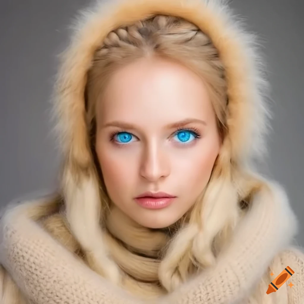 Woman in fluffy mohair turtleneck and fur headband on Craiyon