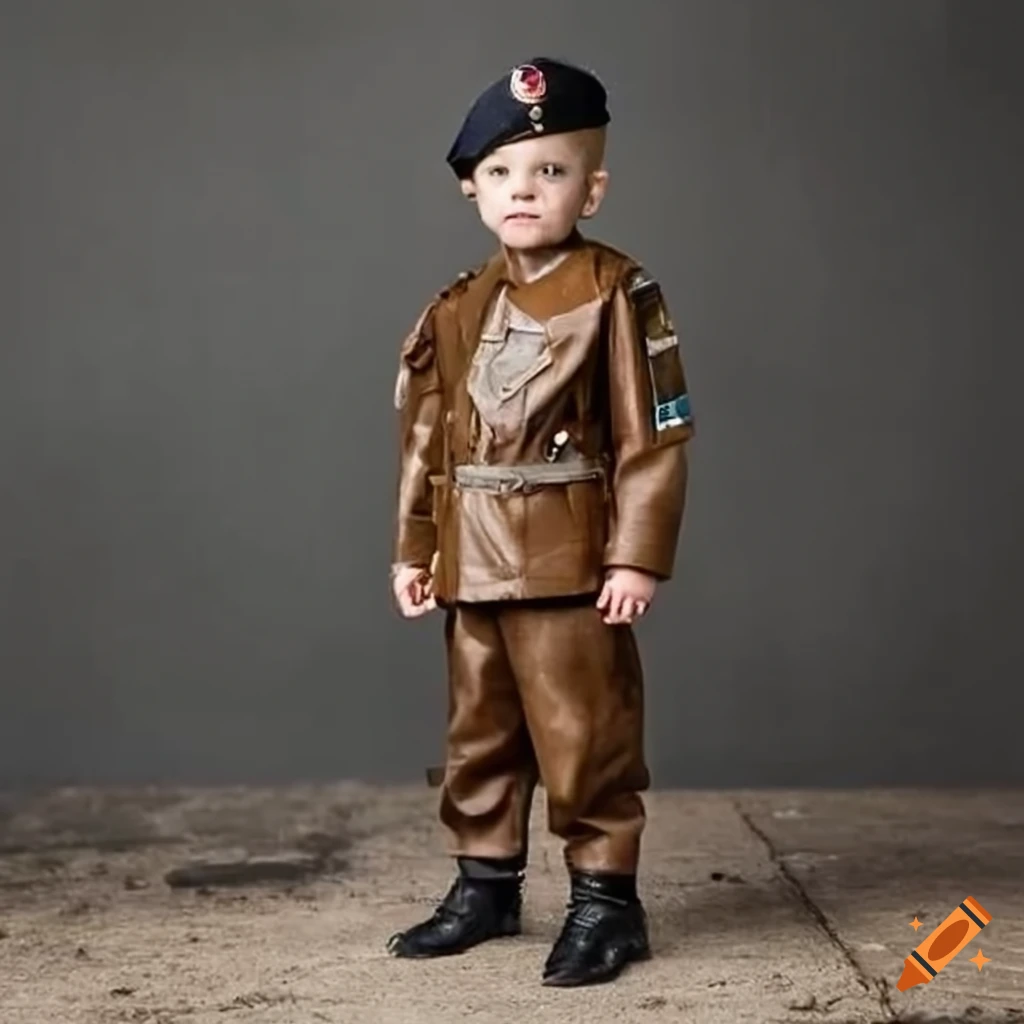 British toddler boy in leather sergeant uniform