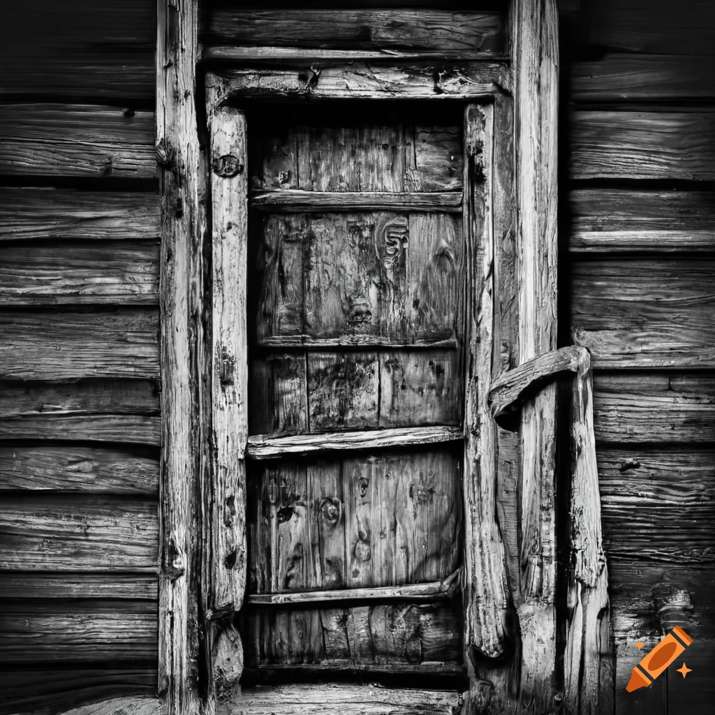 monochrome image of an old farmhouse door
