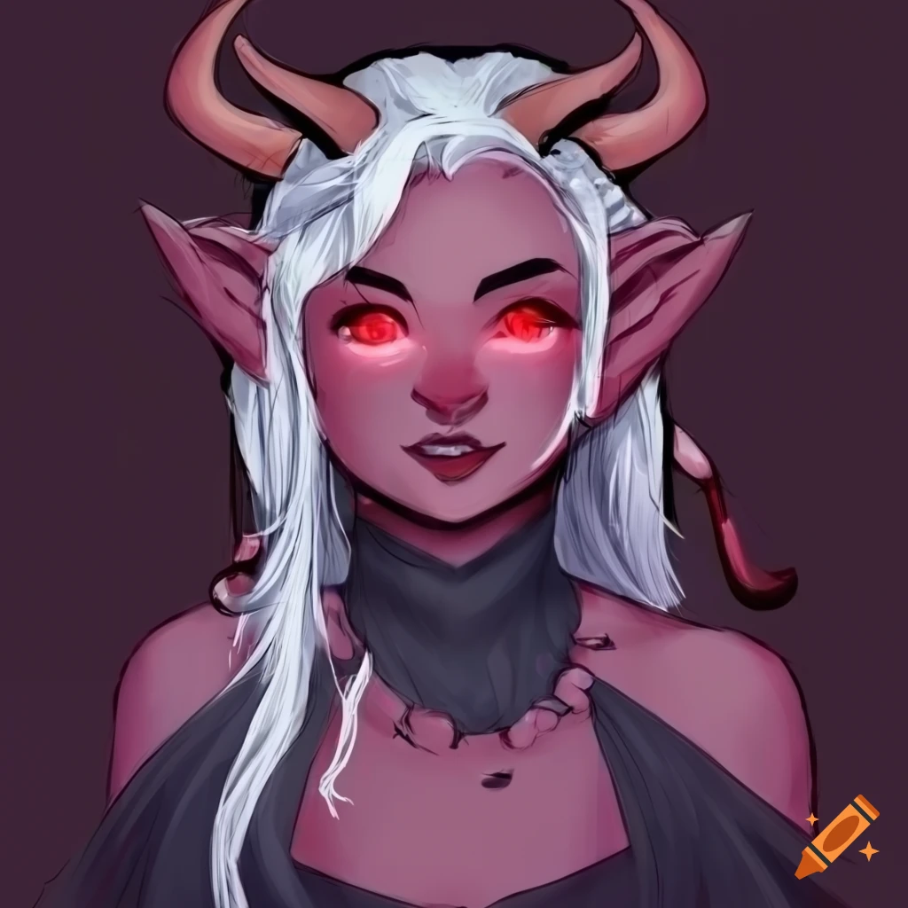 Character design of a goth tiefling bard with decorated horns on Craiyon