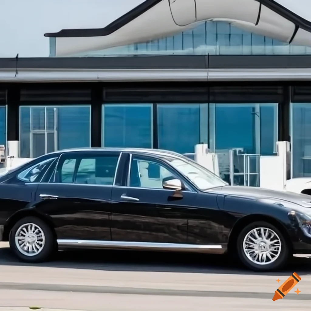 luxury car parked in front of a private jet by the sea