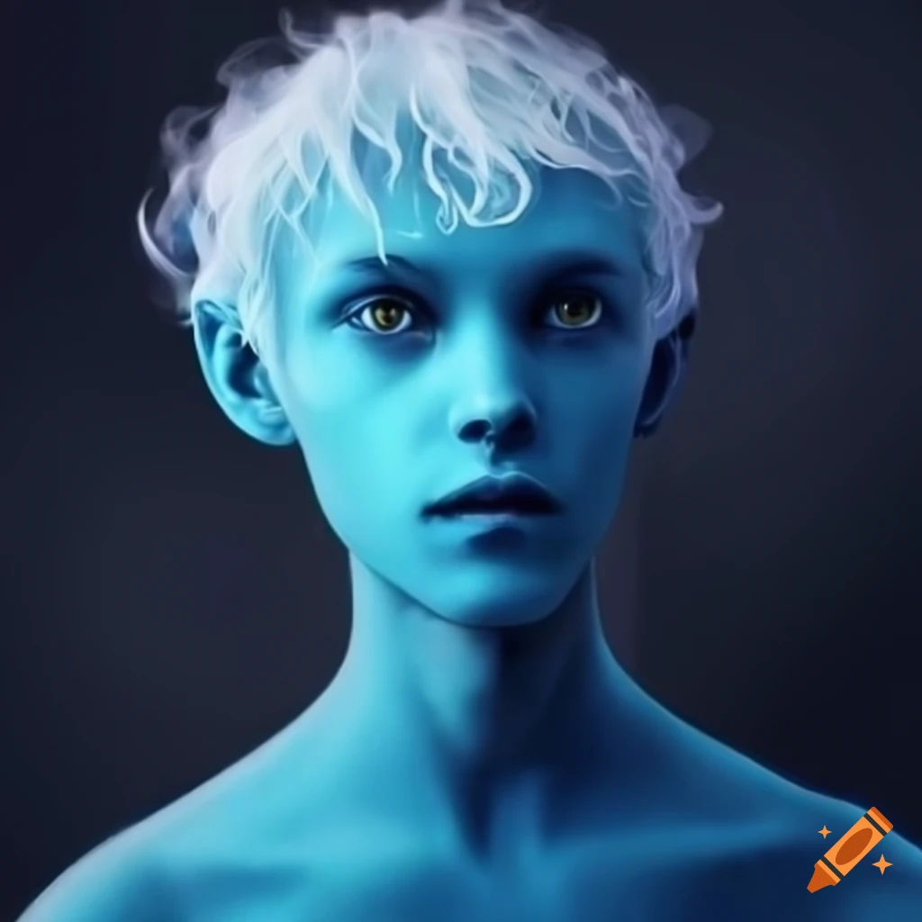 Image of a young blue-skinned humanoid alien with white hair