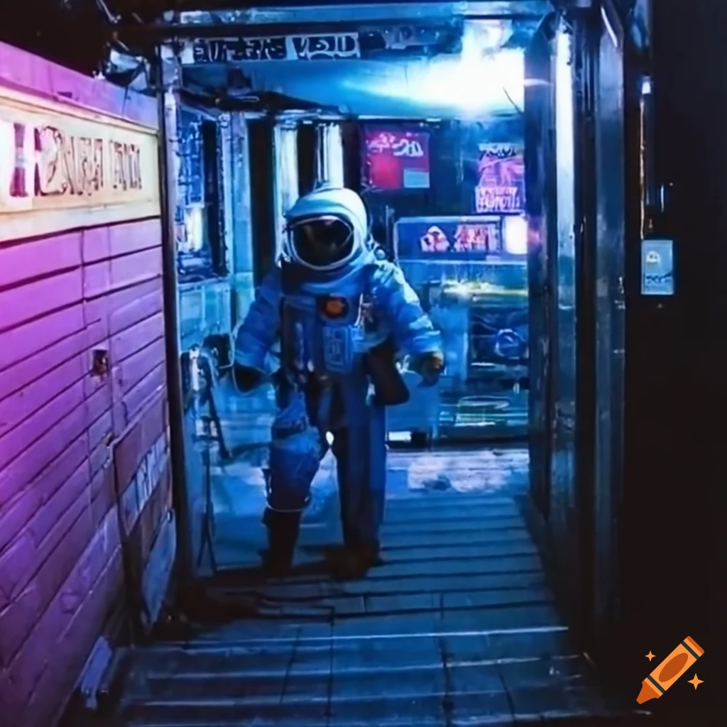 Photograph of an astronaut in a cyberpunk alley on Craiyon