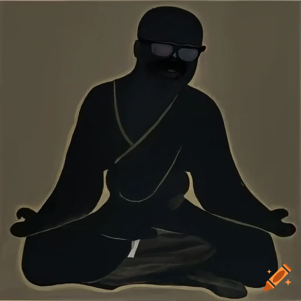 Japanese painting of a meditating monk with sunglasses and mustache