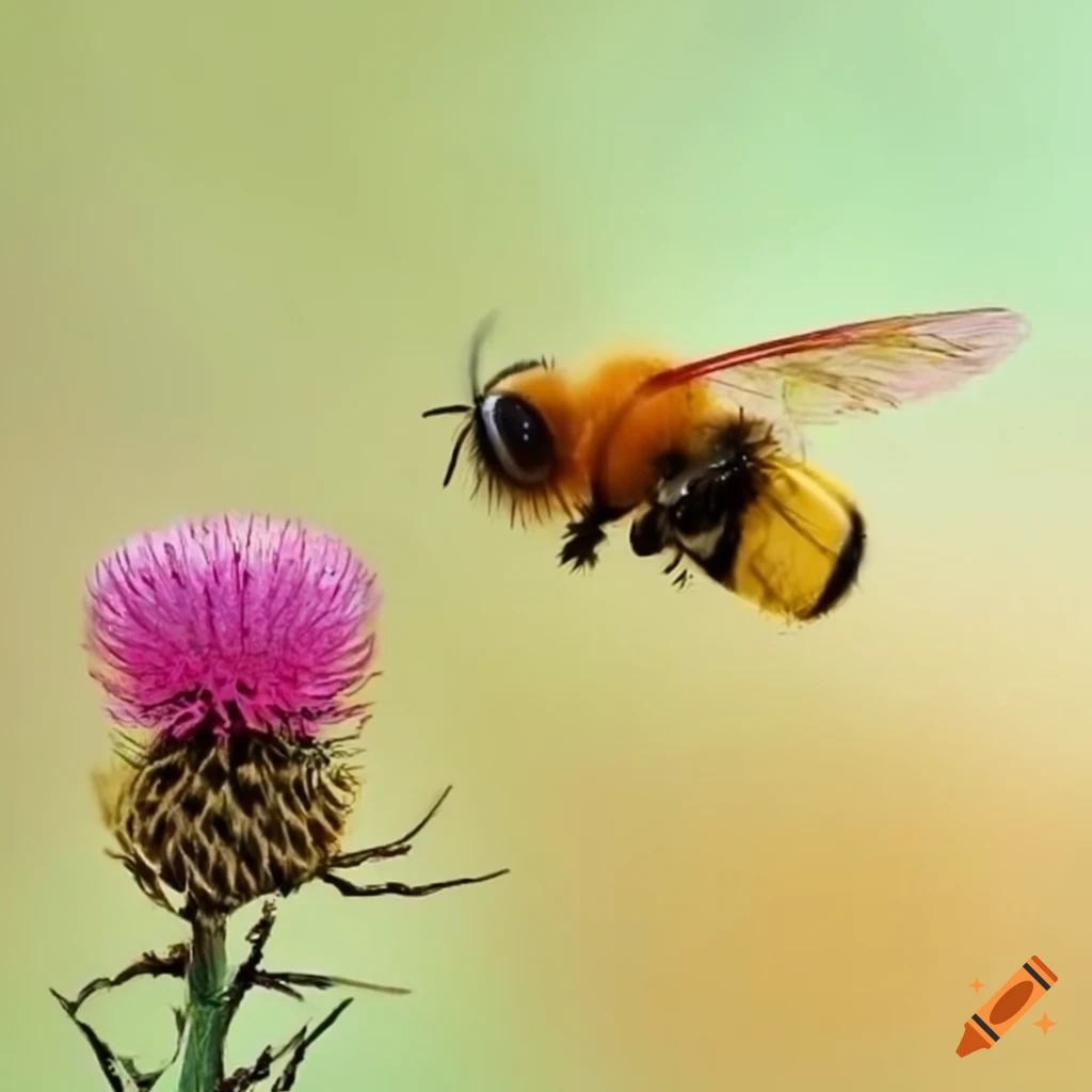 bee flying to a pink thistle